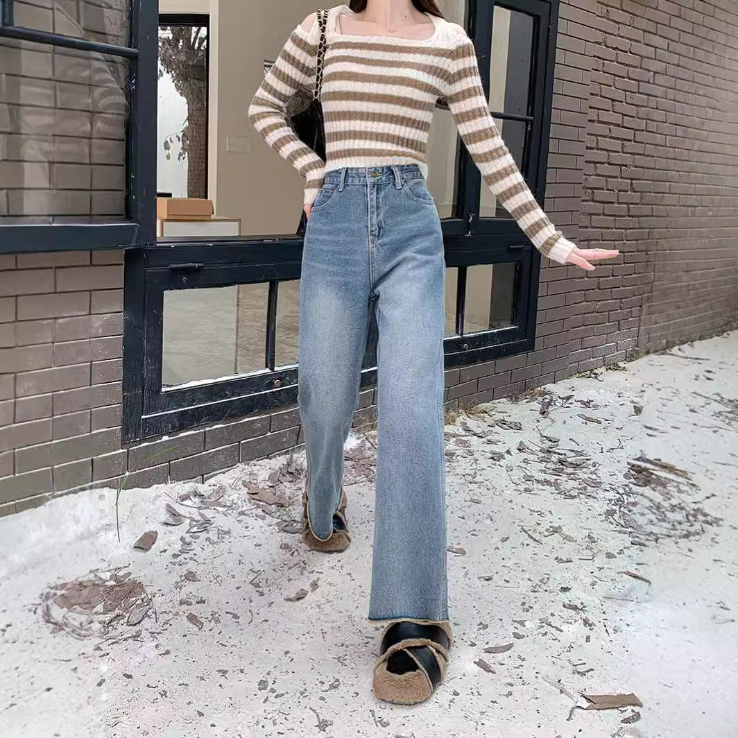 Damen Hochtaillierte weite Jeanshose im modernen Stil mit komfortablem Sitz EB