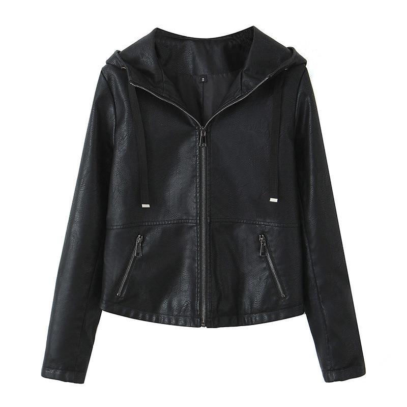 Damen Kunstlederjacke mit praktischer Kapuze und seitlichen Reißverschlusstaschen EB