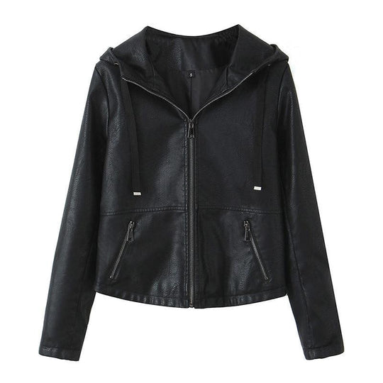 Damen Kunstlederjacke mit praktischer Kapuze und seitlichen Reißverschlusstaschen EB