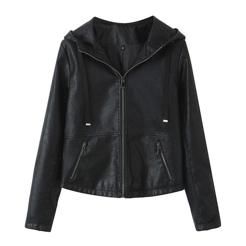 Damen Kunstlederjacke mit praktischer Kapuze und seitlichen Reißverschlusstaschen EB