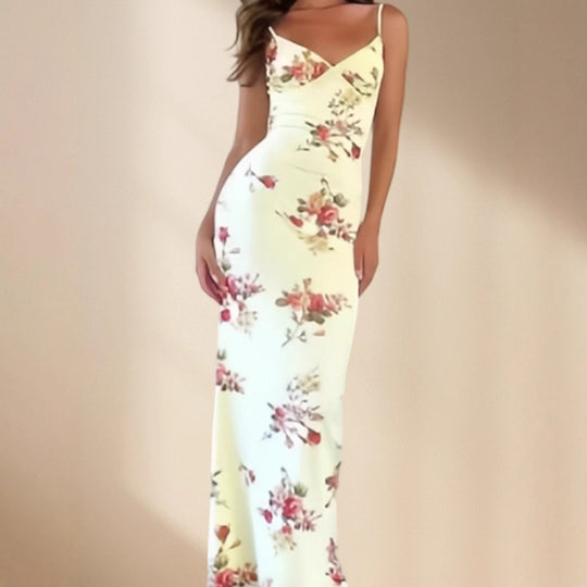 Damen Elegantes Maxikleid mit feinem floralem Design und Spaghettiträgern EB