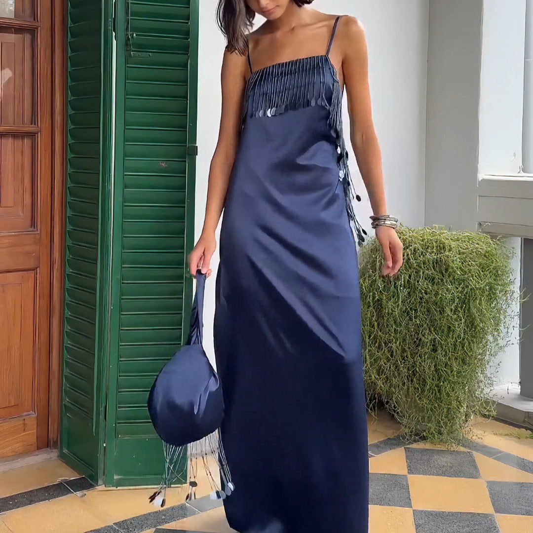 Damen Maxikleid mit schimmernden Pailletten und tranchierendem Saum EB