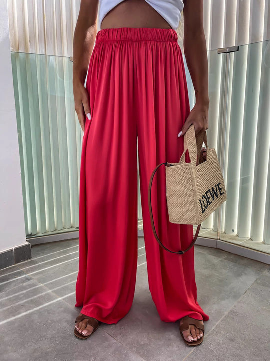 Damen weit geschnittene Palazzo-Hose mit hohem elastischem Bund und fließendem Jersey EB