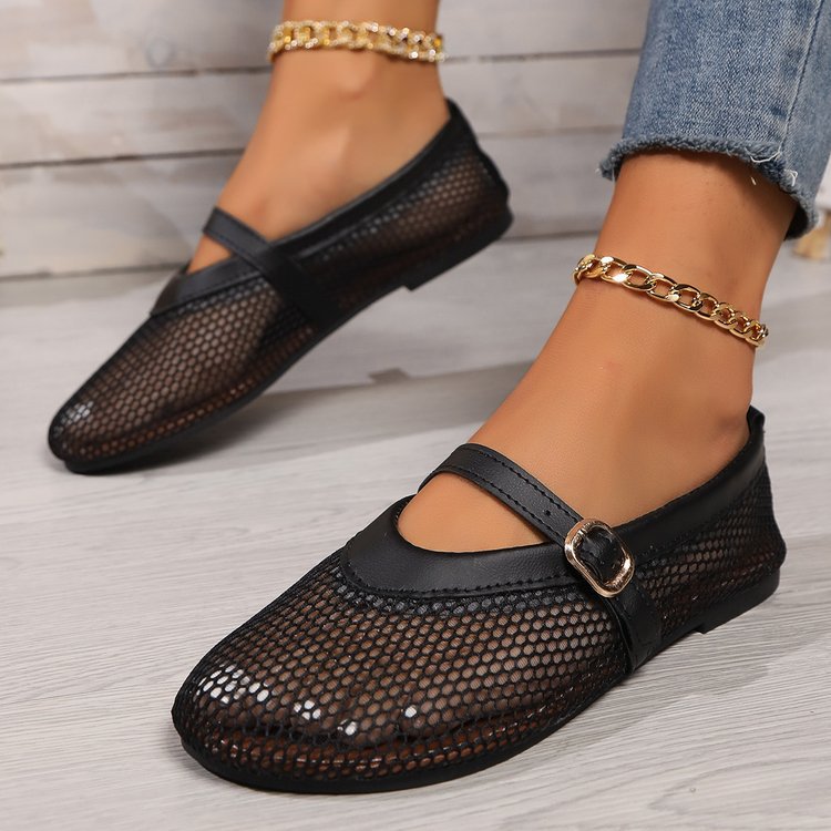 Damen elegante und luftige Ballerinas mit Netzdesign und verstellbarem Riemen EB