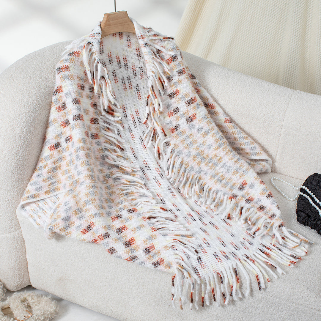 Damen eleganter Poncho mit fransigen Details und modernem Karomuster EB