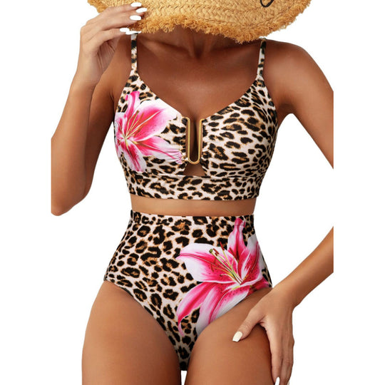 Damen Hoch geschnittener Bikini mit floralem Muster und Leo-Print EB
