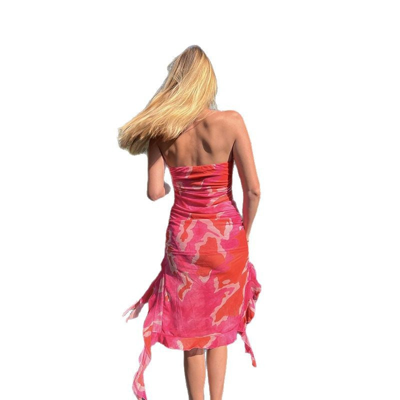 Damen elegantes Rüschenkleid mit trägerlosem Oberteil und asymmetrischem Saum EB