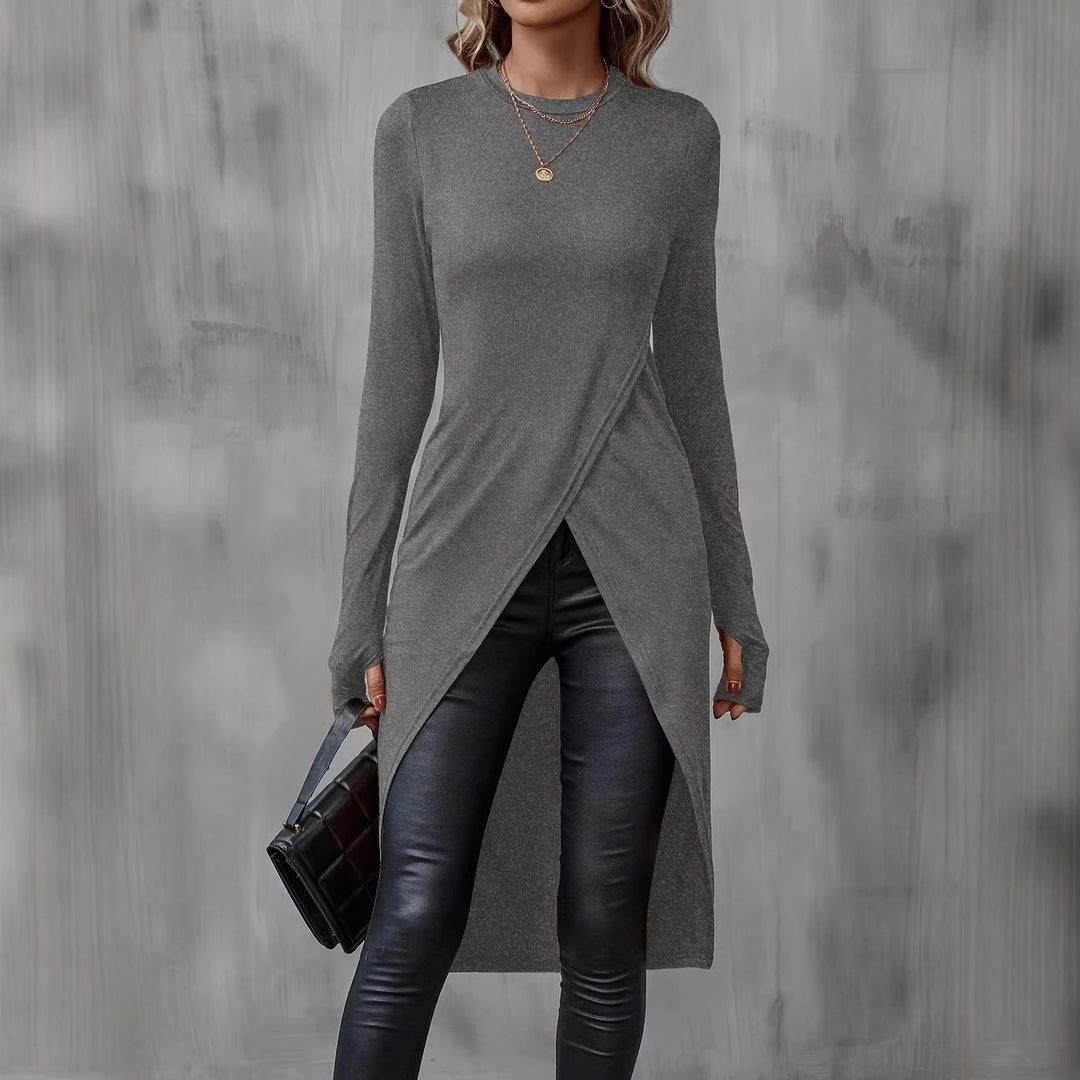 Damen Langes asymmetrisches Wickel-Tunika-Top mit Frontschlitz EB