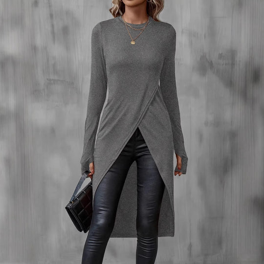 Damen Langes asymmetrisches Wickel-Tunika-Top mit Frontschlitz EB