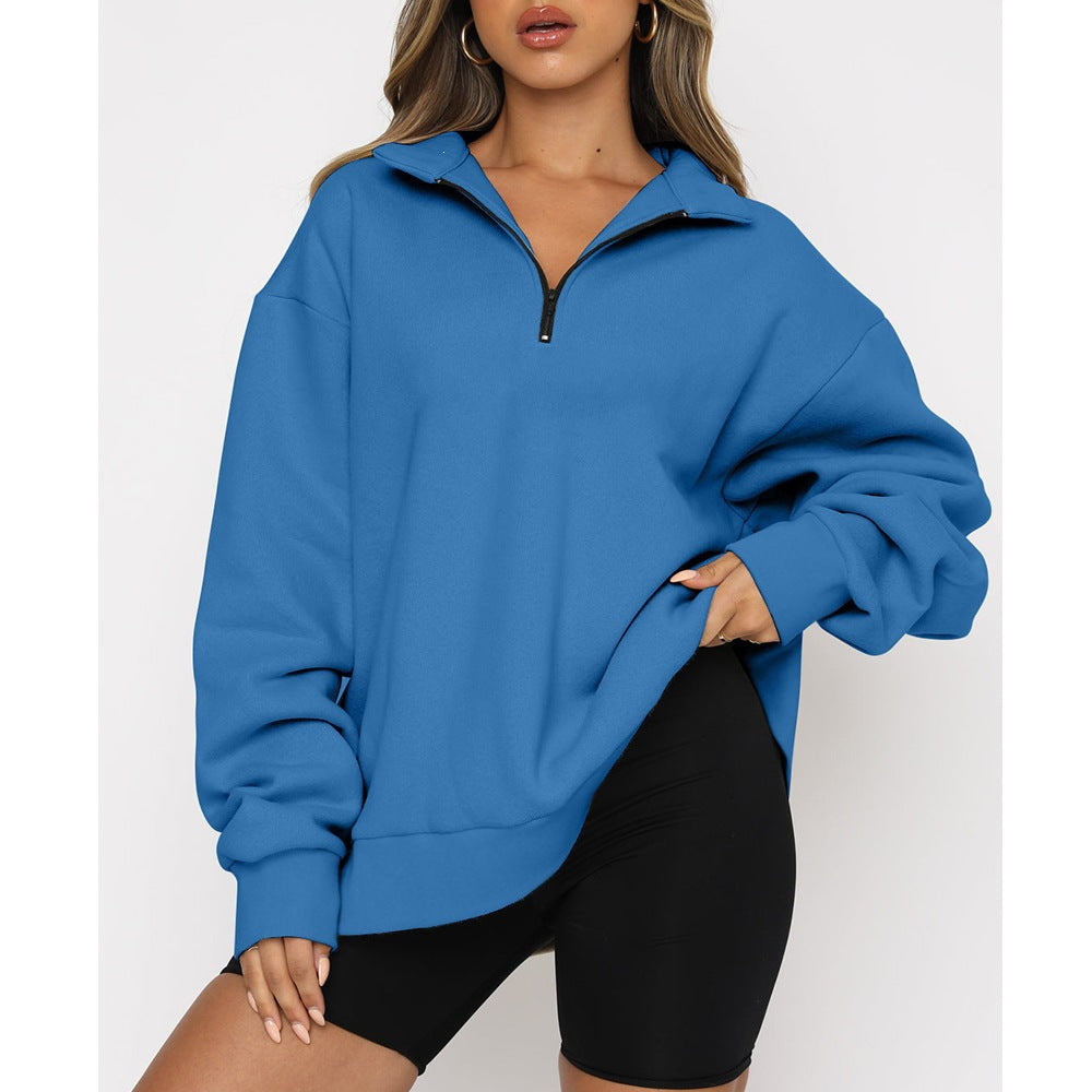 Damen nan oversized Sweatshirt mit halbem Reißverschluss, weichem Fleece-Innenfutter und Kängurutasche EB