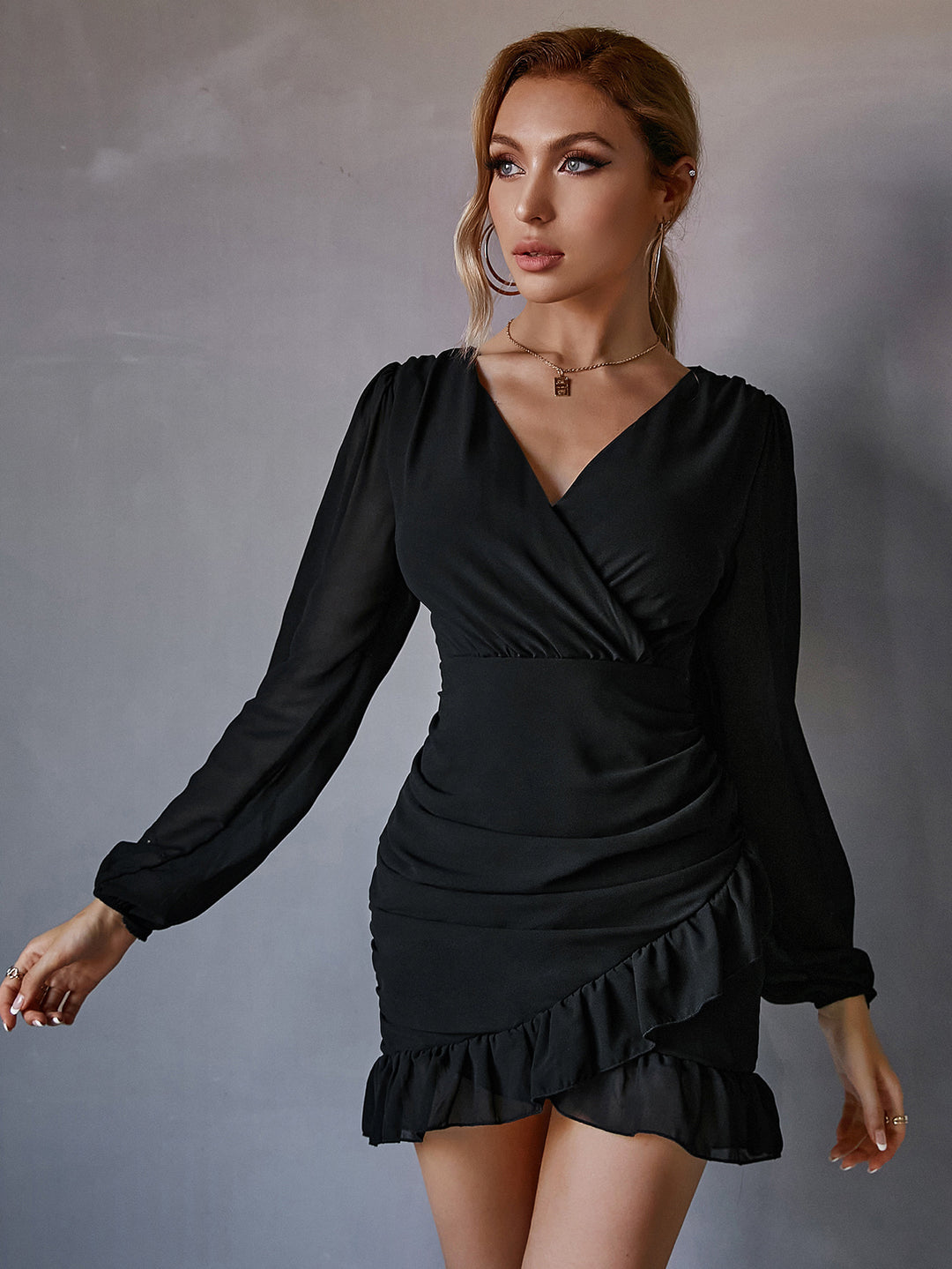 Damen Kleid mit Raffung und Volantabschluss EB