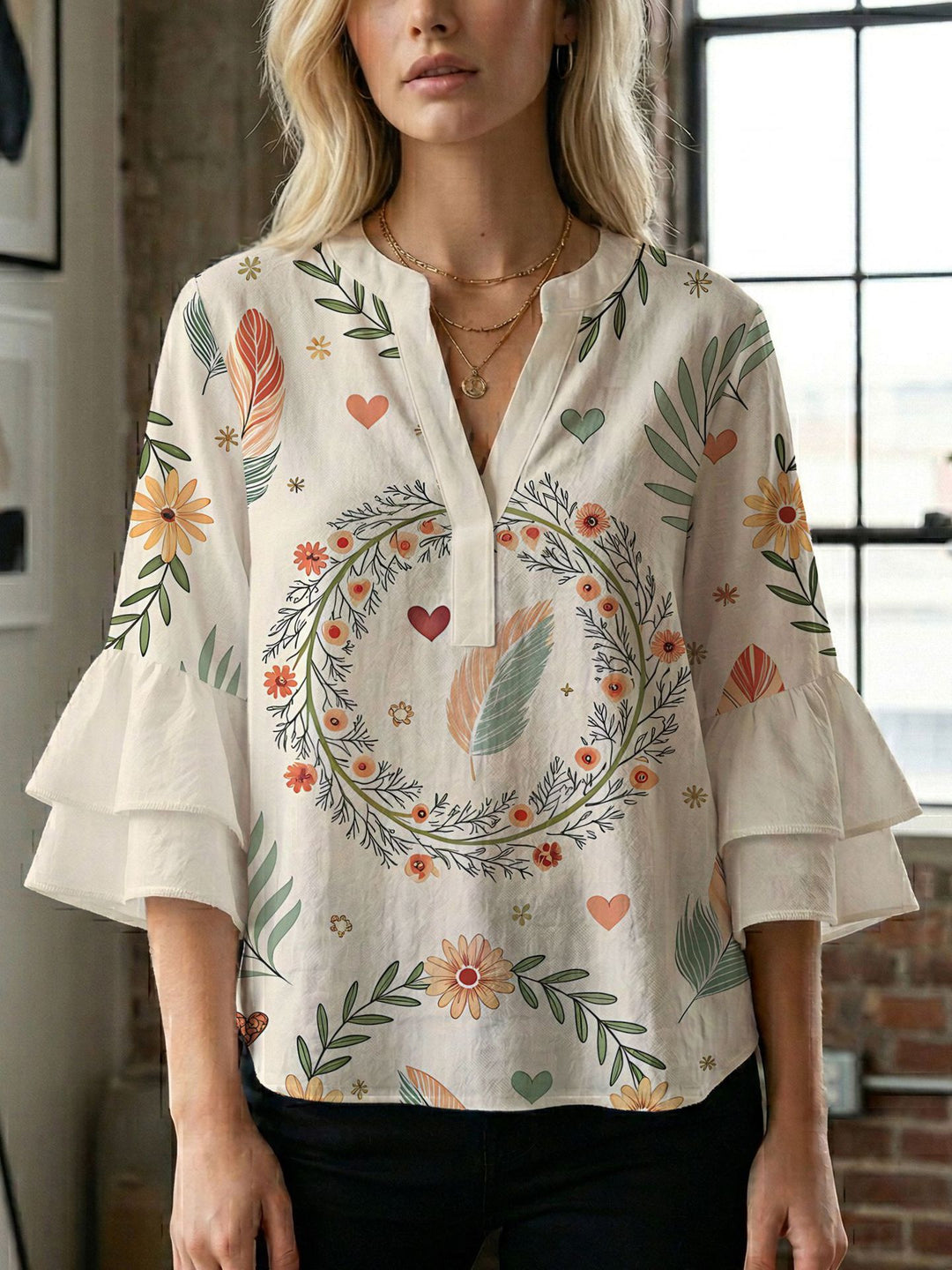 Damen Bluse mit voluminösen Flügelärmel und intensivem Blattmuster EB
