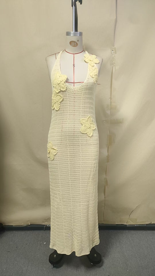 Damen häkel Maxi-Kleid mit floralem Design EB