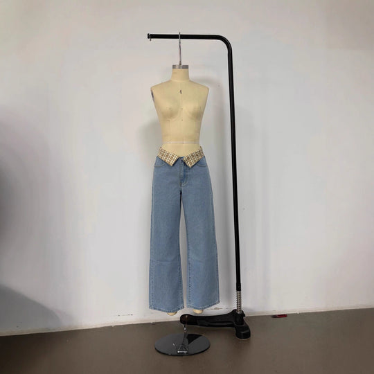 Damen nan weite Schlagjeans mit umgeschlagenem Karobund und klassischem Five-Pocket-Schnitt EB