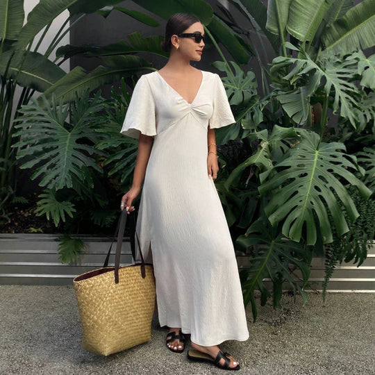 Damen Maxikleid mit fließenden Ärmeln und V-Ausschnitt EB