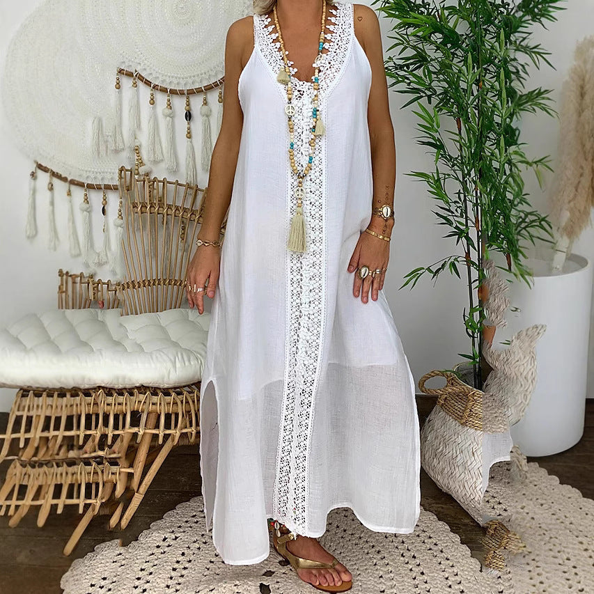 Damen Maxi-Strandkleid mit elegantem Spitzenbesatz und seitlichen Schlitzen EB