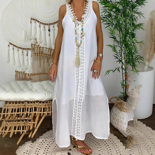 Damen Maxi-Strandkleid mit elegantem Spitzenbesatz und seitlichen Schlitzen EB