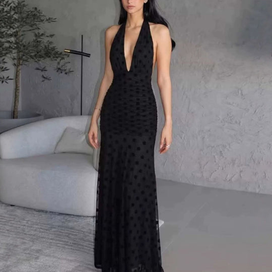 Damen Elegantes Maxikleid mit tiefem V-Ausschnitt und filigranen Rüschen EB