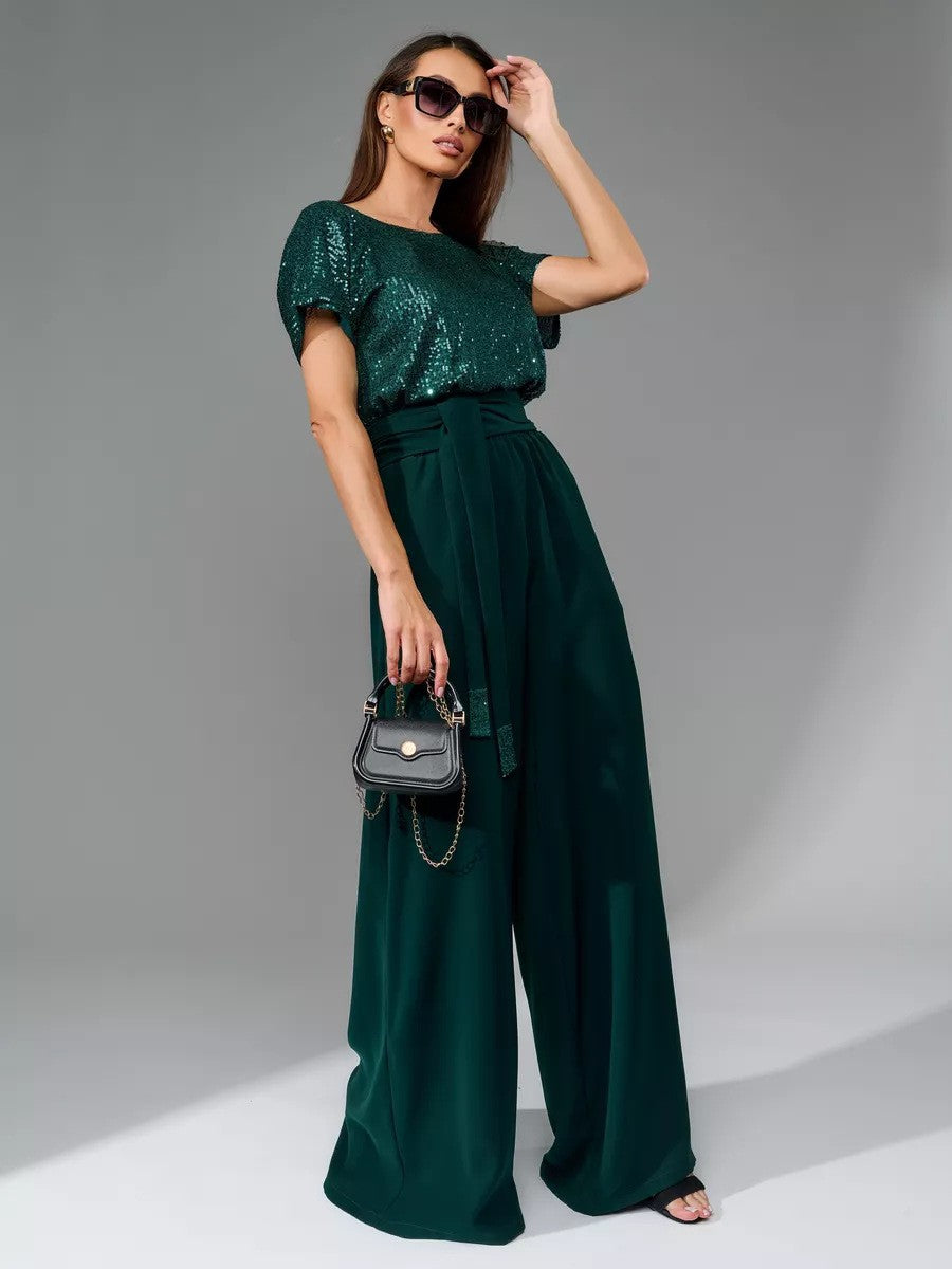 Damen Glitzernder Jumpsuit mit weitem Bein und Taillengürtel EB
