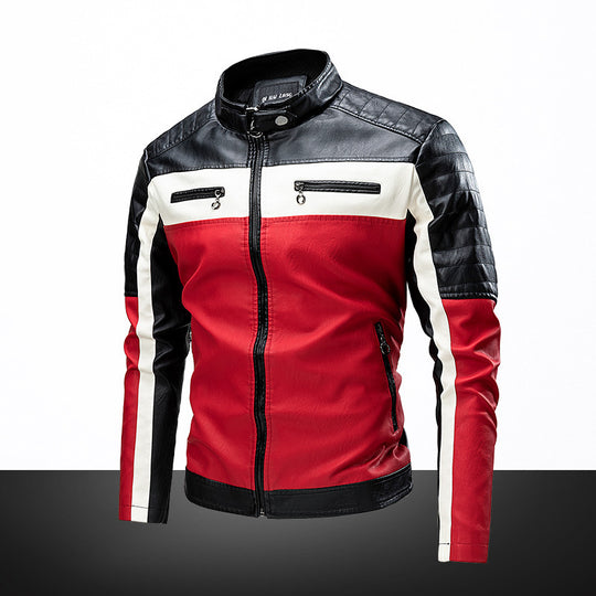 Herren Biker-Lederjacke im Retro-Rennstil mit Stehkragen und Kontraststreifen EB