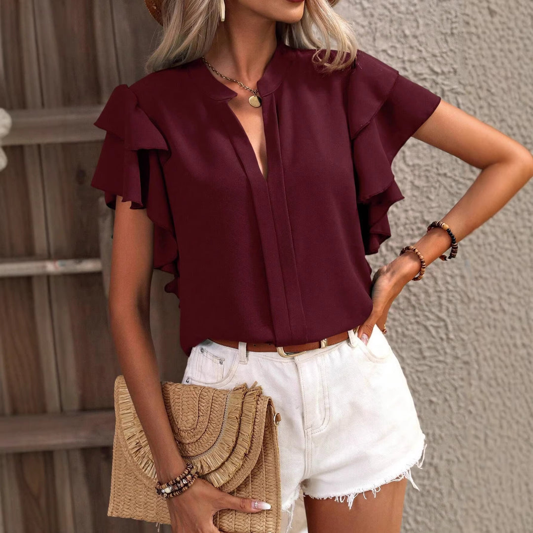 Damenbluse mit Rüschendetails und elegantem V-Ausschnitt EB