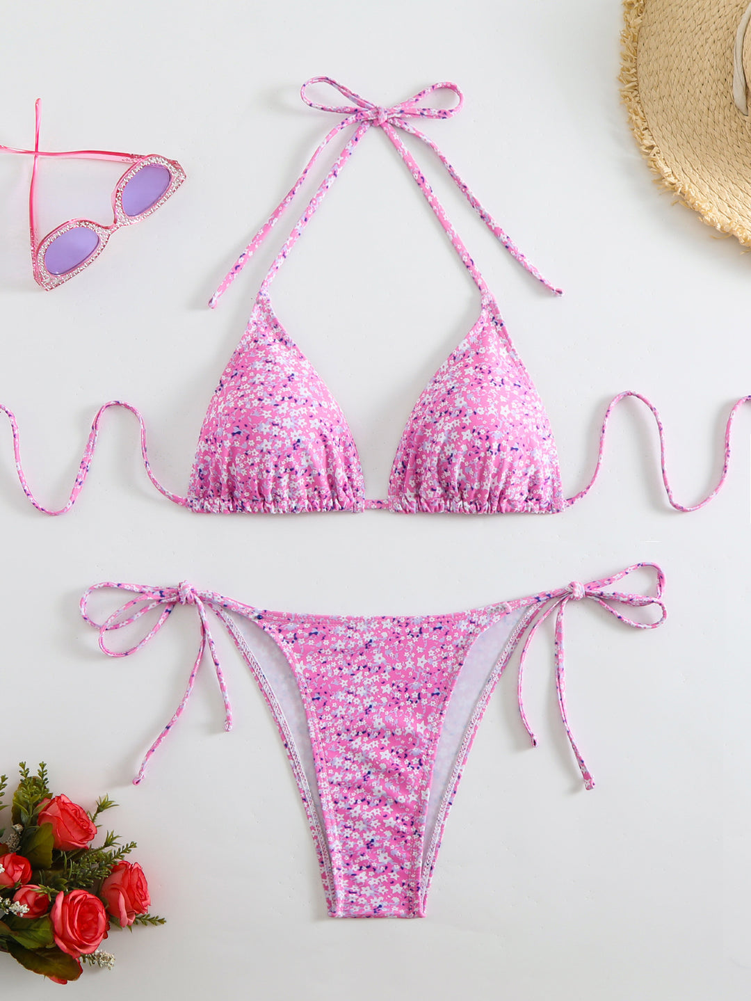 Damen Triangel-Bikini mit liebevollem Blumenmuster und verstellbaren Trägern EB