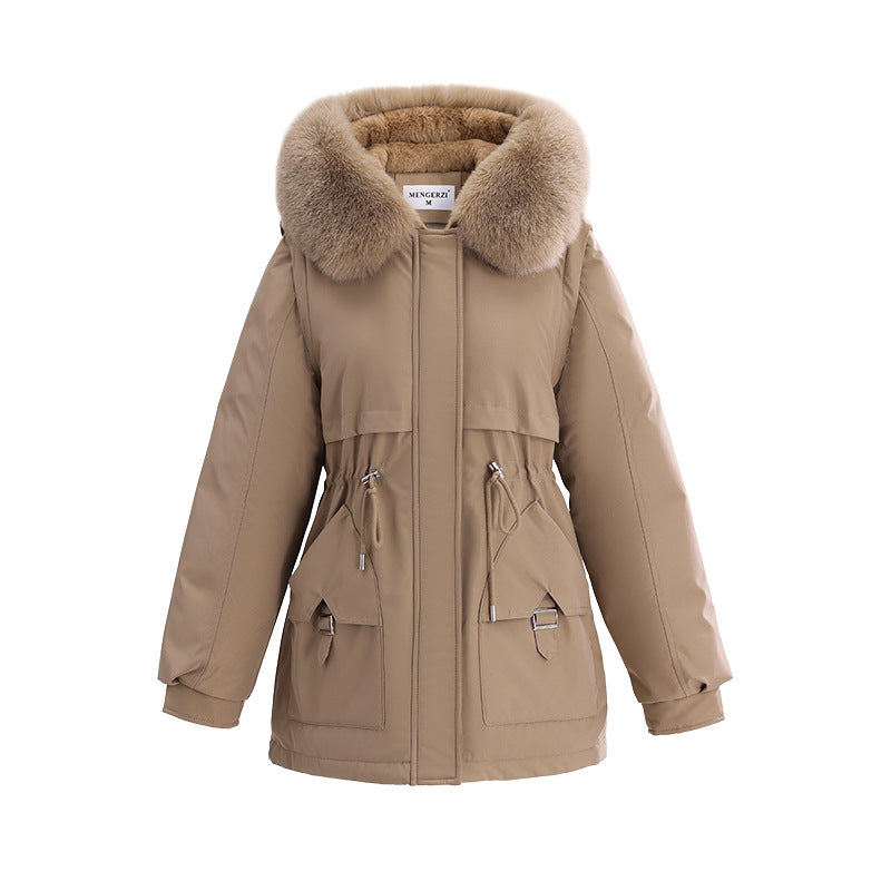 Damen nan kuscheliger Kurzparka mit extrabreitem Pelzkragen, verstellbarem Taillenzug und Cargo-Taschen EB