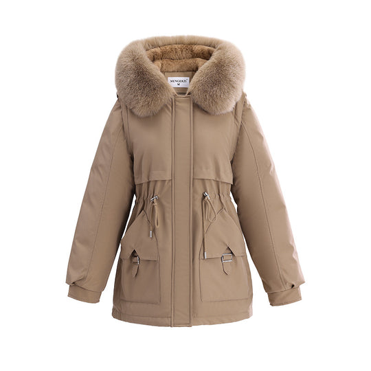 Damen nan kuscheliger Kurzparka mit extrabreitem Pelzkragen, verstellbarem Taillenzug und Cargo-Taschen EB