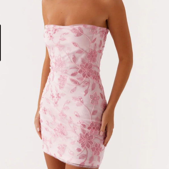Damen Elegantes Bandeau-Minikleid mit floralem Pailletten-Design EB