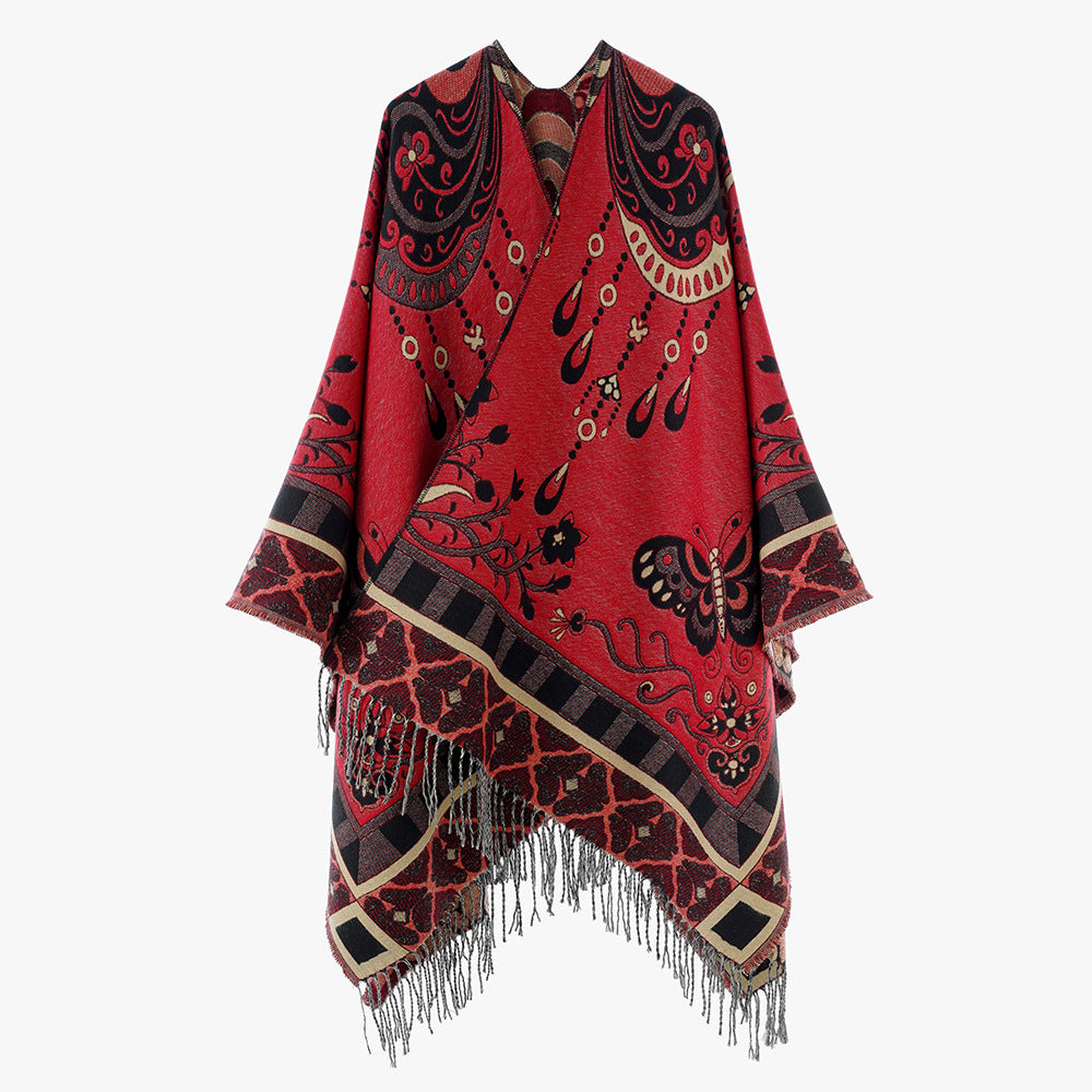 Damen Gewebter Kimono-Poncho mit Ornamentjacquard, V-Ausschnitt und Fransensaum EB