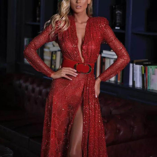 Damen Glitzerndes Abendkleid mit tiefem V-Ausschnitt und Eleganter Schleppe EB