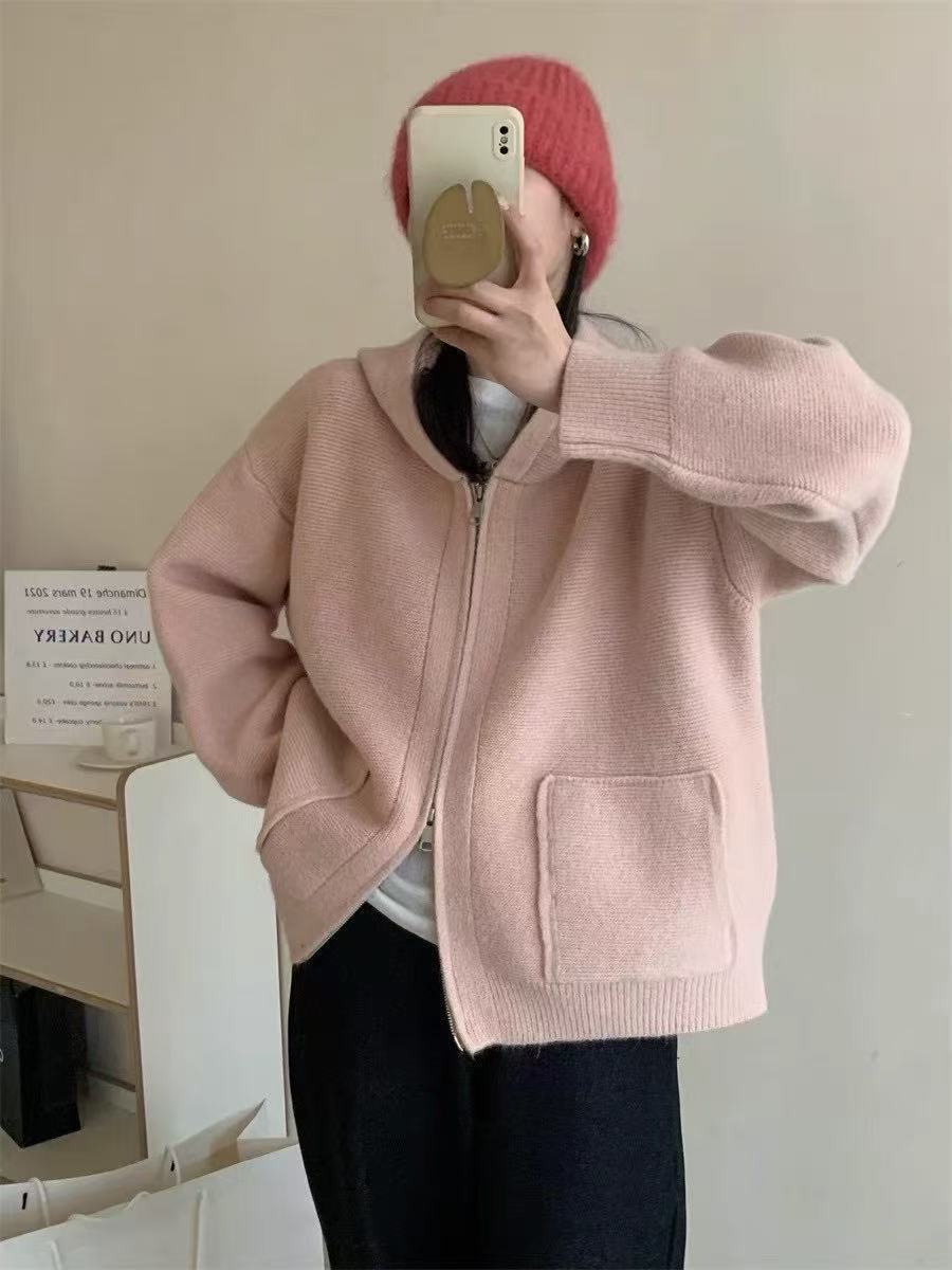 Damen Casual Oversized Strickjacke mit Kapuze und Taschen EB