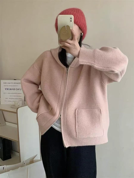 Damen Casual Oversized Strickjacke mit Kapuze und Taschen EB