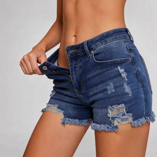 Damen Destroyed Denim-Shorts mit fransigem Saum und stylischen Rissdetails EB