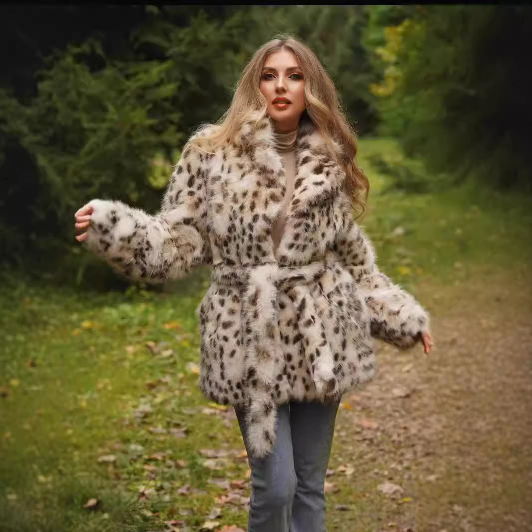 Damen Glamouröse Kunstpelzjacke mit Gürtel EB