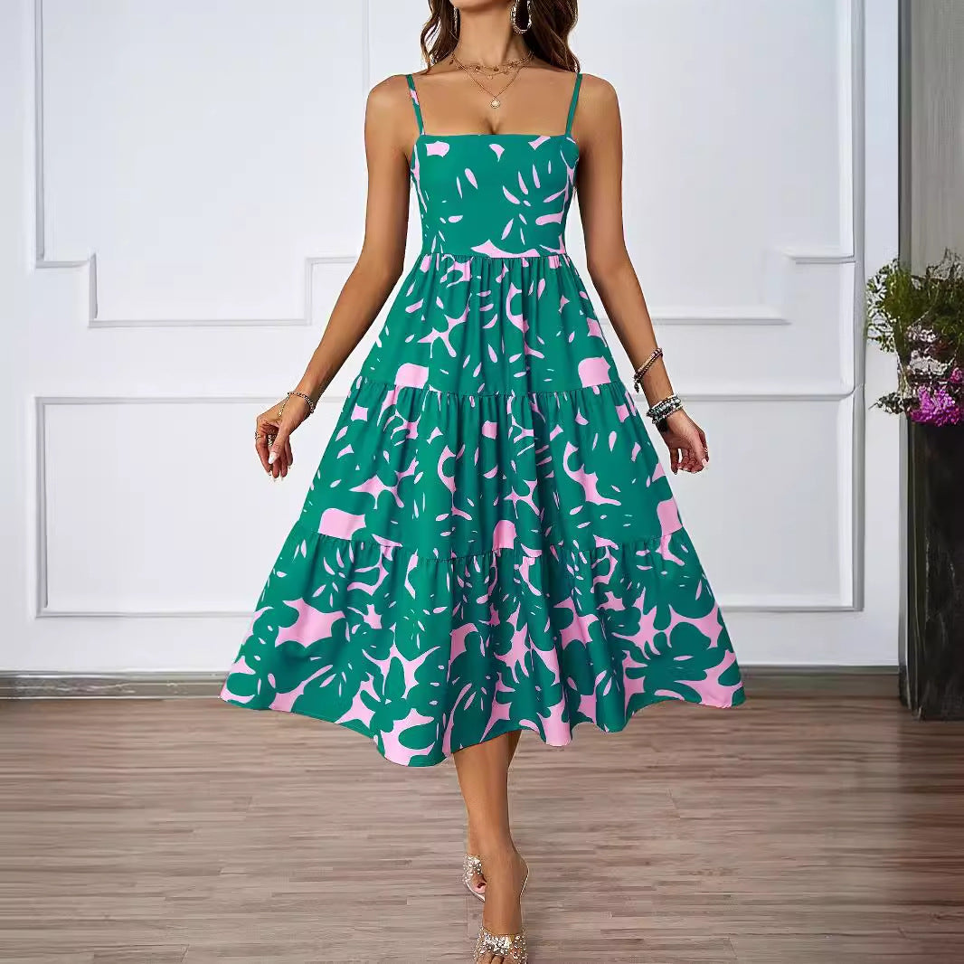 Damen Midi Kleid mit fließendem Rock und verspieltem Blattmuster EB