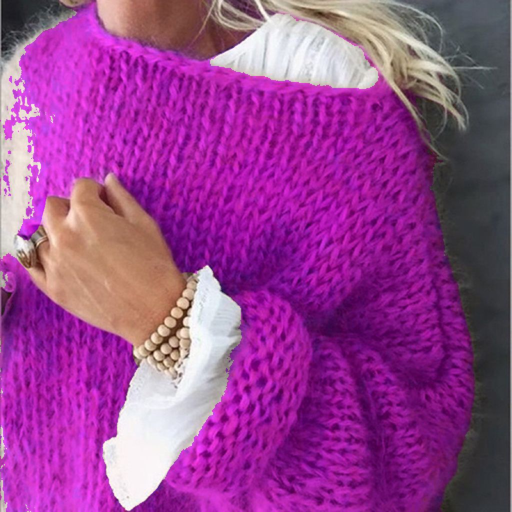 Damen Kurzgeschnitteter flauschiger Grobstrickpullover mit überschnittener Schulter EB