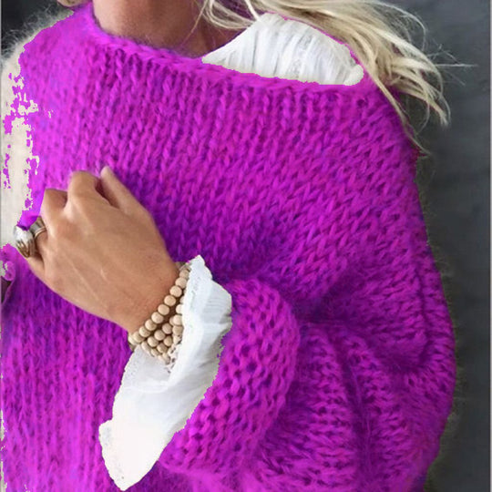 Damen Kurzgeschnitteter flauschiger Grobstrickpullover mit überschnittener Schulter EB