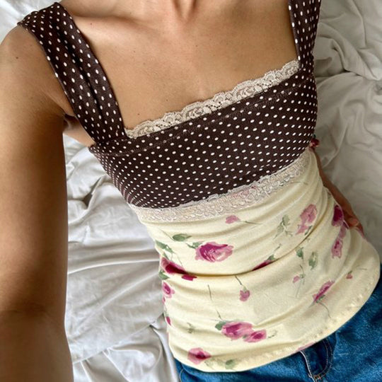 Damen Verspieltes Blütenmuster Top mit Punkten und Raffinierter Schleifenbindung EB