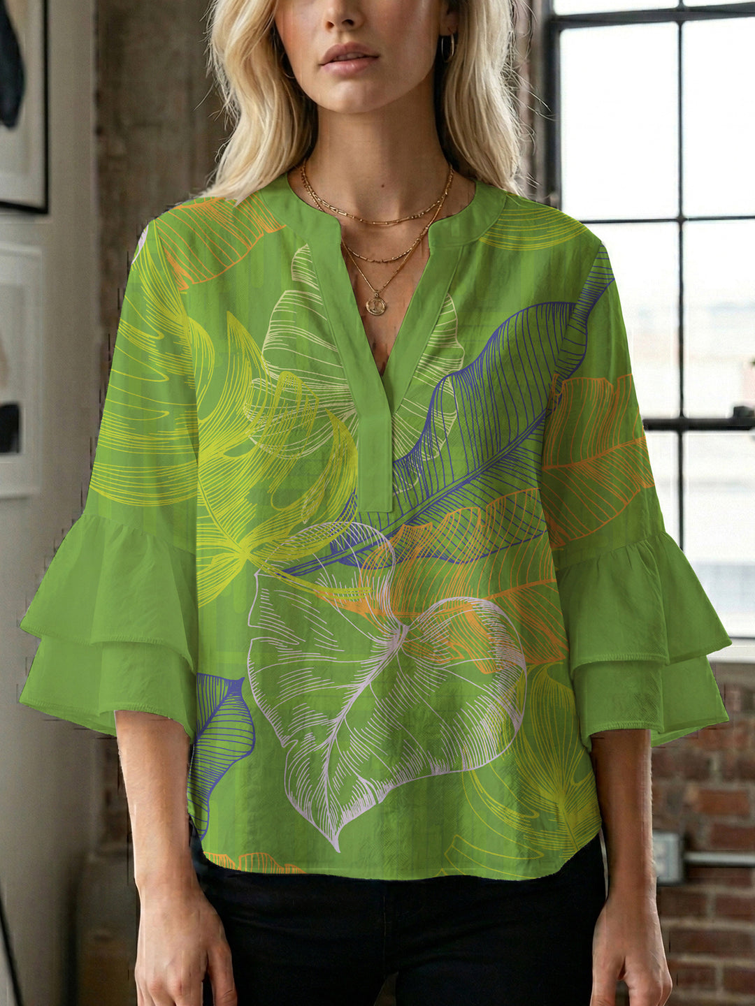 Damen Bluse mit voluminösen Rüschenärmeln und floralem Druck EB