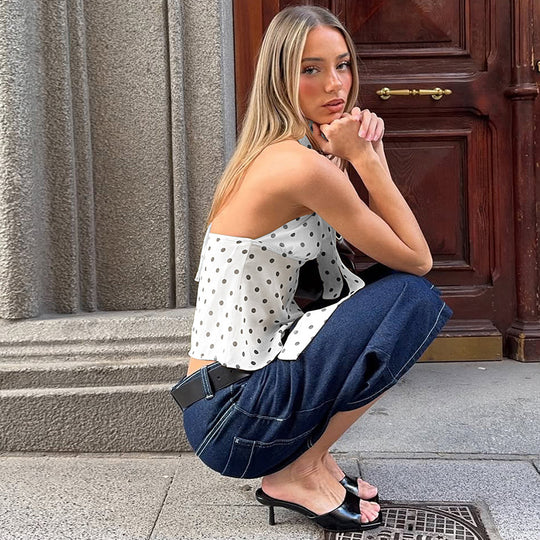 Damen Verspieltes Polka Dot Top mit Halter-Design und schickem Bindedetail EB