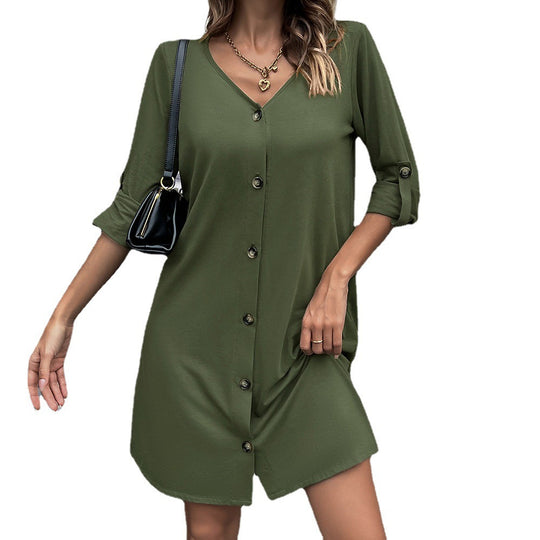 Damen lässiges Knopfkleid mit V-Ausschnitt und 3/4-Ärmeln EB
