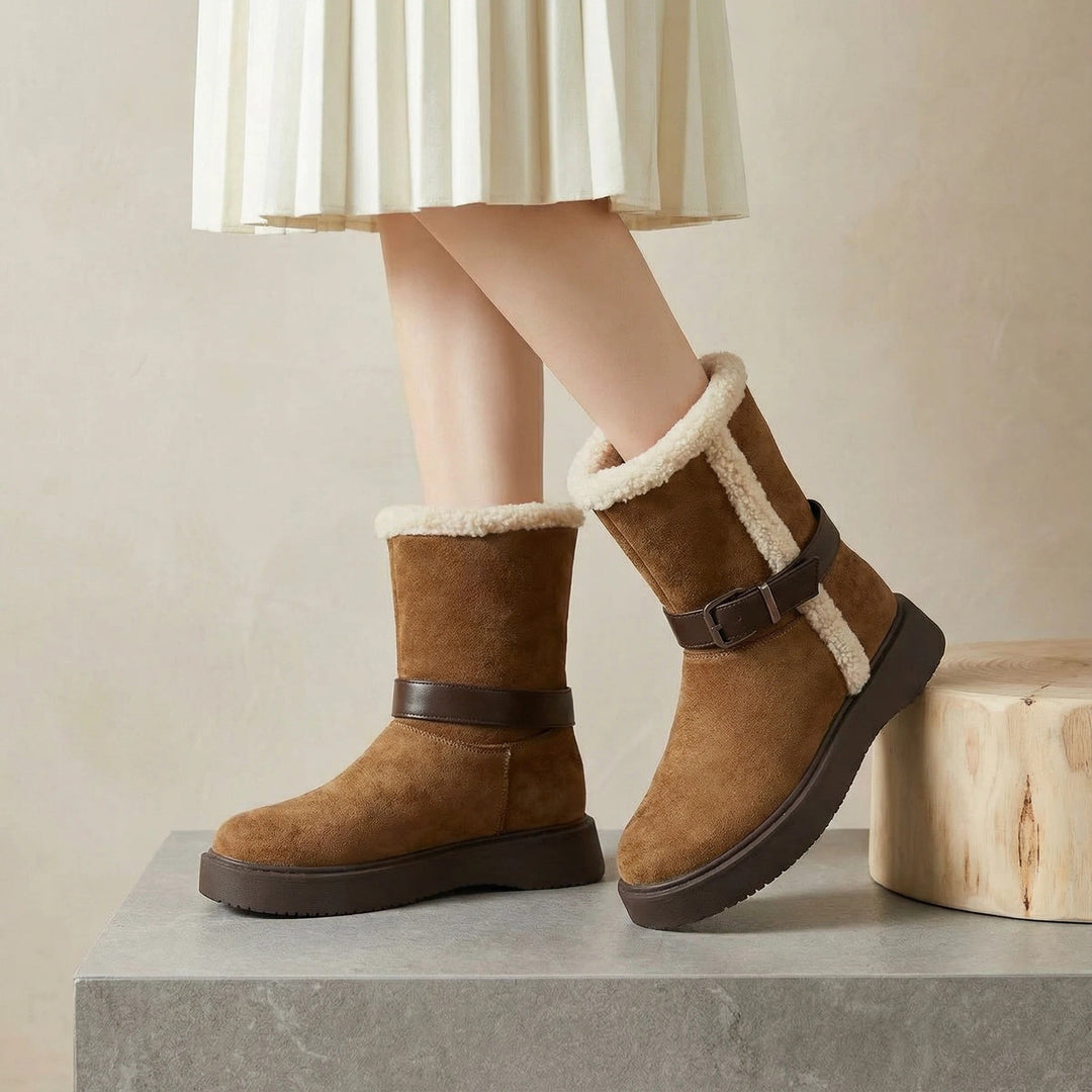 Damen Modische und warme Stiefel mit kuscheligem Innenfutter und praktischer Schnalle EB