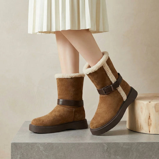 Damen Modische und warme Stiefel mit kuscheligem Innenfutter und praktischer Schnalle EB