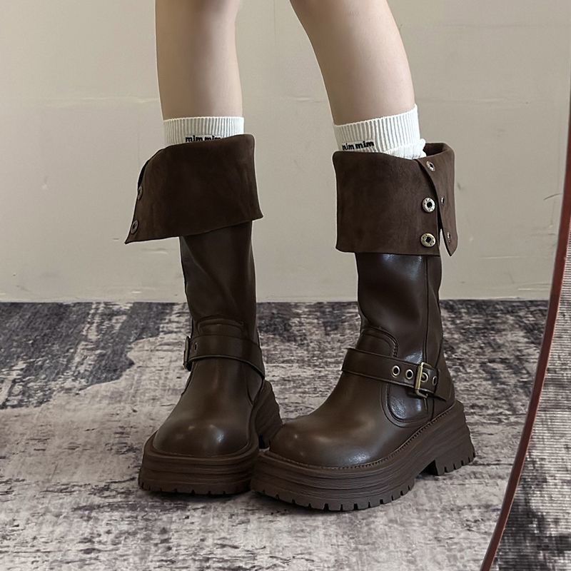 Damen Modische und robuste Stiefel mit verstellbarem Riemen und Schnalle EB