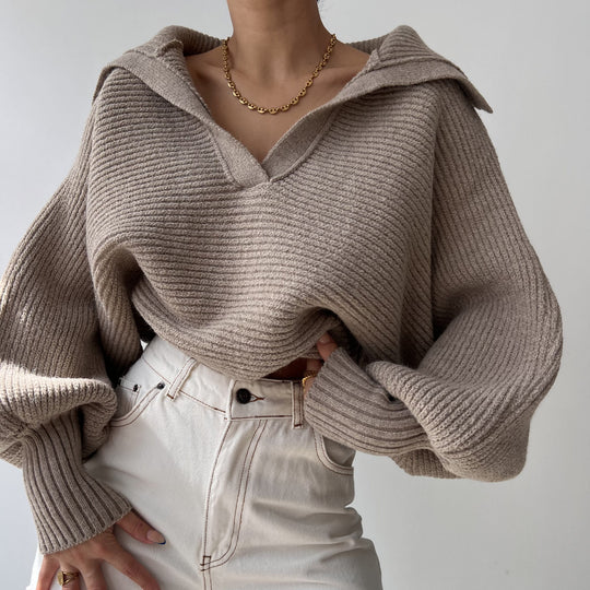 Damen nan Grobstrick-Pullover mit weitem Kragen und V-Ausschnitt EB