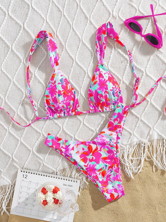 Damen Triangel-Bikini mit buntem Blumendesign und verstellbaren Trägern EB