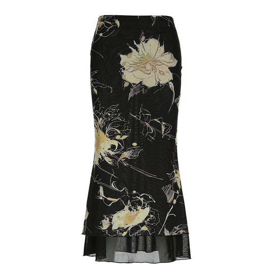 Damen Eleganter Maxirock mit floralem Muster und transparentem Untergrund EB