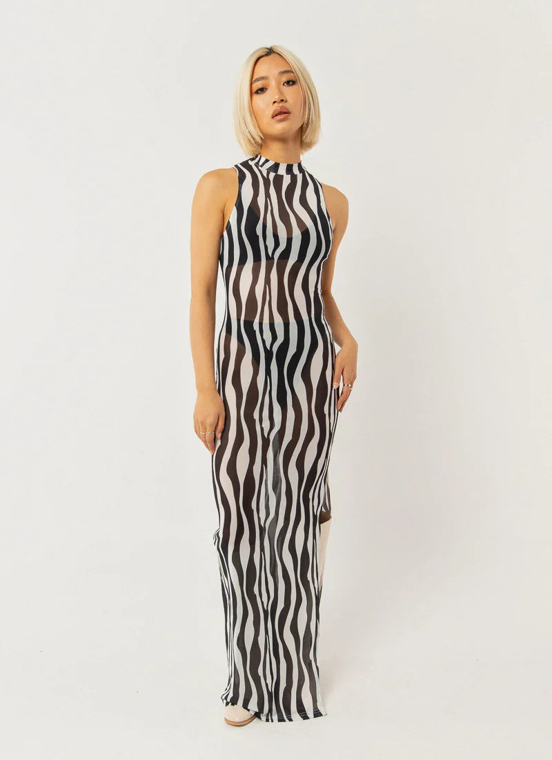 Damen elegantes Maxikleid mit hohem Kragen und fließendem Schnitt EB