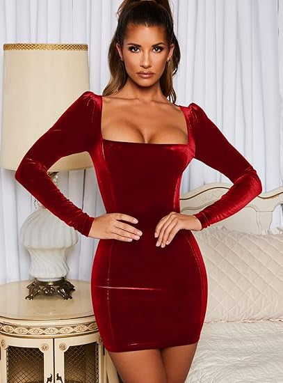 Damen Figurbetontes Samt-Minikleid mit quadratischem Ausschnitt und leichten Puffärmeln EB